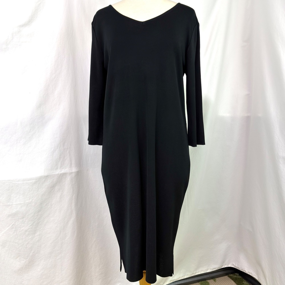 MING WANG NEW $285 3/4 Sleeve V-Neck Knit Dress Black L Sheath Wrinkle Resistant